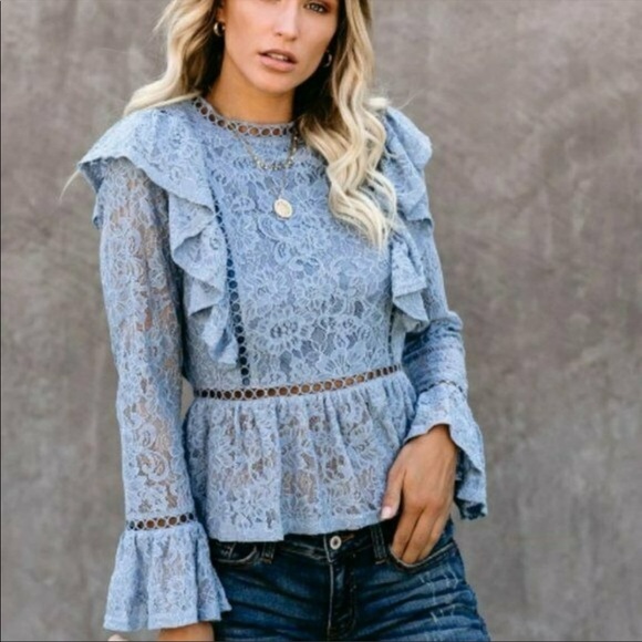 Vici Tops - VICI PICTURE PERFECT LACE PEPLUM BELL LONG SLEEVE BABY BLUE SHEER BLOUSE MEDIUM